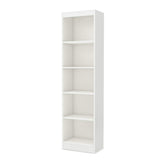 A minimalist white bookcase featuring several shelves on a white backdrop.